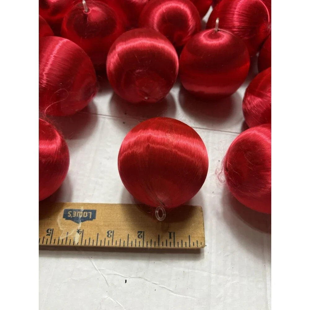 Vintage Lot of 25 Red Satin Thread Christmas Ball Ornaments 3” Holiday Decor
